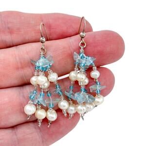 Estate Sterling Silver 925 Pearl Aquamarine & Crystal Chandelier Earrings
